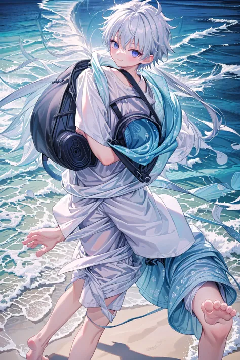 masterpiece, best quality, high resolution, extremely detailed, detailed background, cinematic lighting, 1boy, killua zoldyck, looking at viewer, beach, white t-shirt, boxer shortpants , smile, wearing  backpack, (backpack:1.0), travel backpack, standing, ...