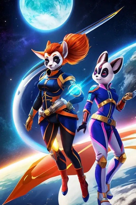 Panda roux en astronaute et une guerrière elfe en armure, style réaliste, vêtements futuriste, sabre laser a la main, fond étoilé avec des vaisseaux detruit