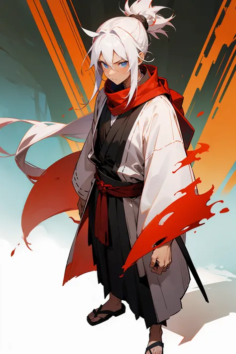 1male, teenager, muscular, white hair, crimson tipped hair, multicolored hair, topknot, man bun, messy hair, pale blue eyes, calm expression, white haori, black haori, tattered red scarf, sandals, demon slayer outfit, dark skin, caramel skin, standing on p...