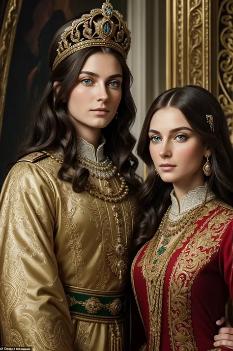 A strikingly majestic Russian Tsar, regal and dignified at 30 years old, with short black hair and light eyes. Alongside him, a captivating 25-year-old woman with long wavy blond hair and mesmerizing green eyes. This enchanting pair is portrayed in a vivid...