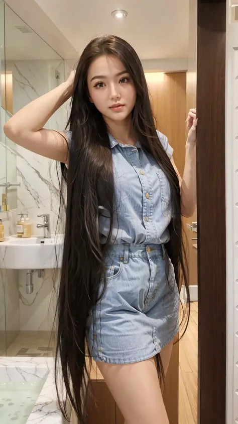 (masterpiece, best quality:1.2), photorealistic, realistic, 1girl, very long hair, bathroom