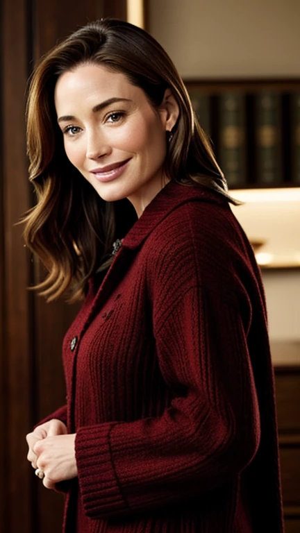 Claire Forlani dressed in woolen clothes and smiling