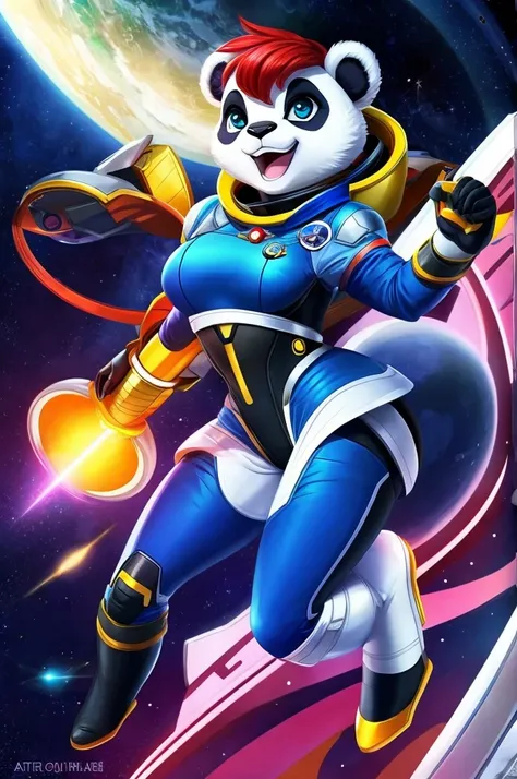 Panda roux en astronaute en armure, style réaliste, vêtements futuriste, sabre laser a la main, fond étoilé avec des vaisseaux detruit