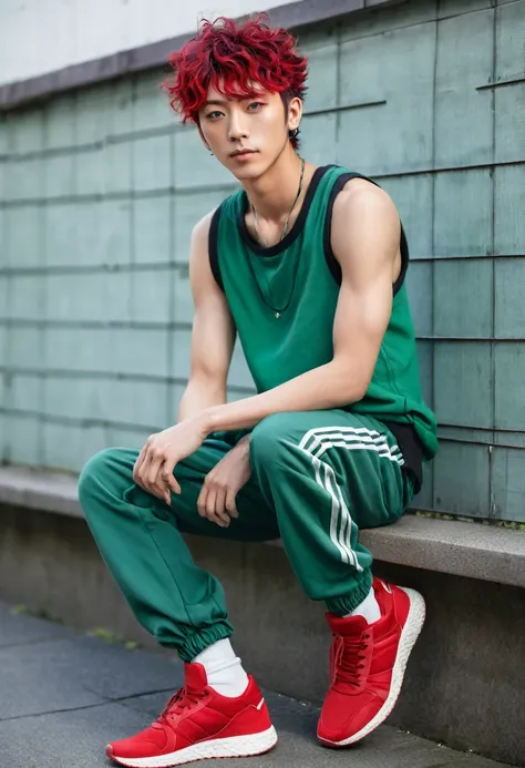 Androgynous Japanese male, with viridian green eyes, short curly viridian green hair, wearing a loose tank top, and joggers, in a red high top sneakers