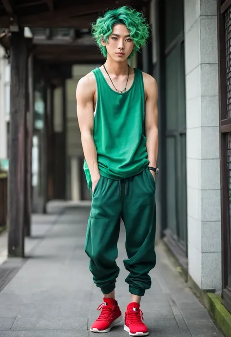 Androgynous Japanese male, with viridian green eyes, short curly viridian green hair, wearing a loose tank top, and joggers, in a red high top sneakers