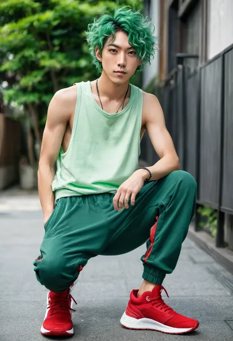 Androgynous Japanese male, with viridian green eyes, short curly viridian green hair, wearing a loose tank top, and joggers, in a red high top sneakers