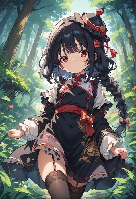 BREAK Perfect Anatomy、(High resolution:1.2)、Incredible illustrations、(Cute illustrations:1.2)、() （Beautiful background(forest)) 1 girl(Black hair, long hair, single braid, red eyes,tattoos, )(young adult woman:2.0)
（big china hat,Long ruffled sleeves, blac...