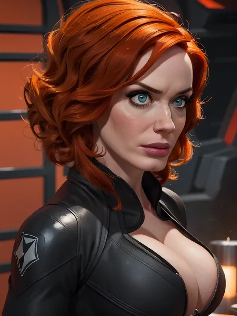 Create a dynamic 4K resolution full body portrait of Christina Hendricks as the character of Black Widow, the fierce Marvel superheroine. Visualize Christina Hendricks as Black Widow with her striking features: her short orange wavy hair. Her bright blue e...