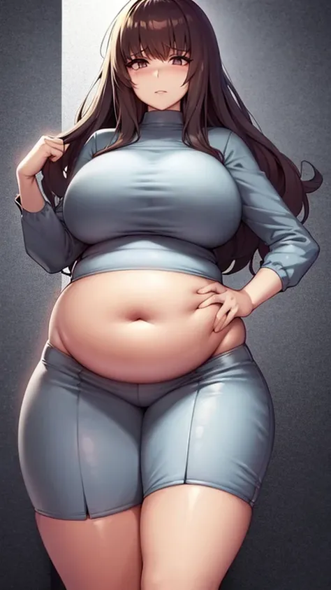 ((best qualityer)), ((anime lineart)), a tall woman with bangs and wavy hair, fat midriff, fat thighs, fat rounded hips, (fat be...