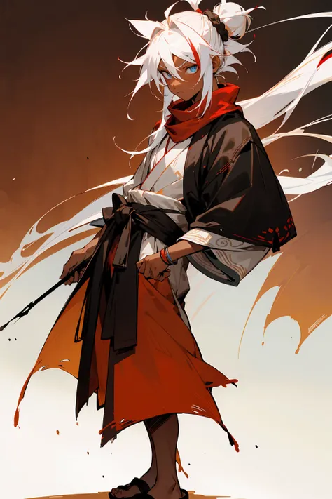 1male, teenager, muscular, (((white hair, crimson tipped hair, multicolored hair, topknot, man bun, messy hair,))) pale blue eyes, calm expression, white haori, black haori, tattered red scarf, sandals, demon slayer outfit, (((dark skin, caramel skin,))) s...