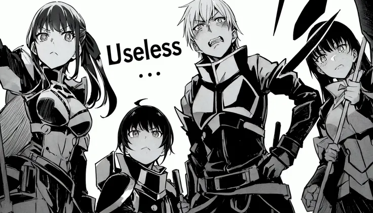 anime characters in uniform posing for a picture with a caption, isekai manga panel, seemless, unclear, no less, black and white manga panel, gridless, they are very serious, cheerless, they are unhappy, as a manga panel, anime style like fate/stay night, ...