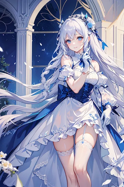 A woman with white hair and blue eyes、adult、Long, fluffy wavy hair、Braiding、Wearing hair ornaments、Smiling、Princess、White gloves、blue and white lace dress、ribbon、Decorations such as roses and drops、The dress is short in the front and long in the back、Garte...