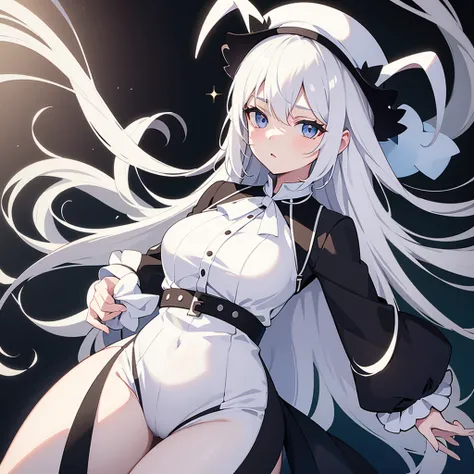 White haired girl with white horns and white hat wearing a black outfit 