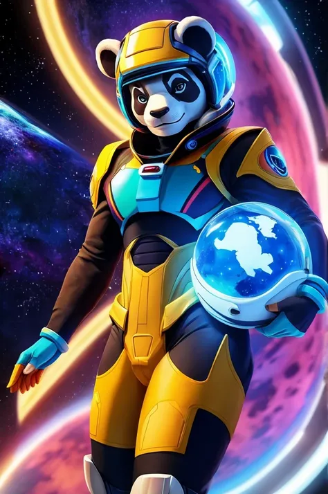 Un Panda roux, male, en armure dastronaute avec des vaisseaux detruit dans le fond, armure, 4K, vêtements futuriste, fond étoilé avec des vaisseaux detruit.