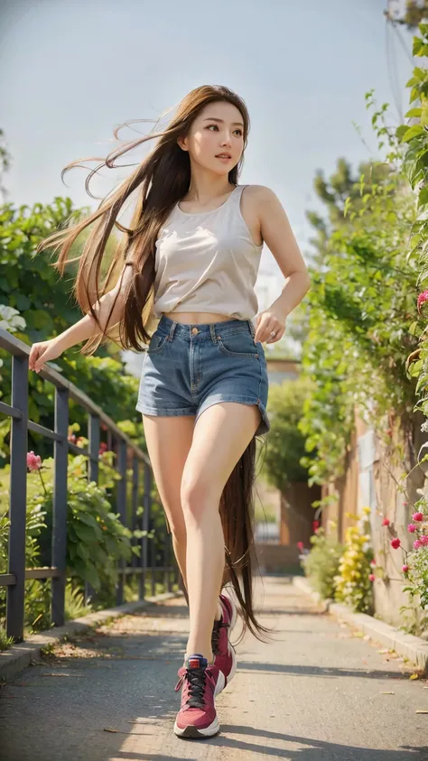 (masterpiece, best quality:1.2), photorealistic, realistic, 1girl, very long hair, running