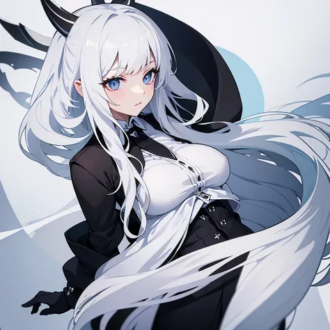 White haired girl with white horns and a black suit 