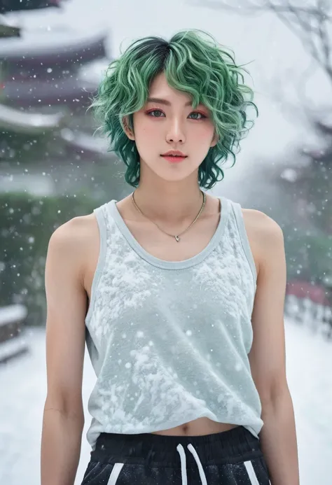 Androgynous Japanese male, with viridian green eyes, short curly viridian green hair, wearing a loose tank top, and joggers, in a red high top sneakers,(masterpiece:1.35),(best-quality:1.4),8k,ultra-detailed,photography,(ultra-realistic:1.4), adult girl, l...