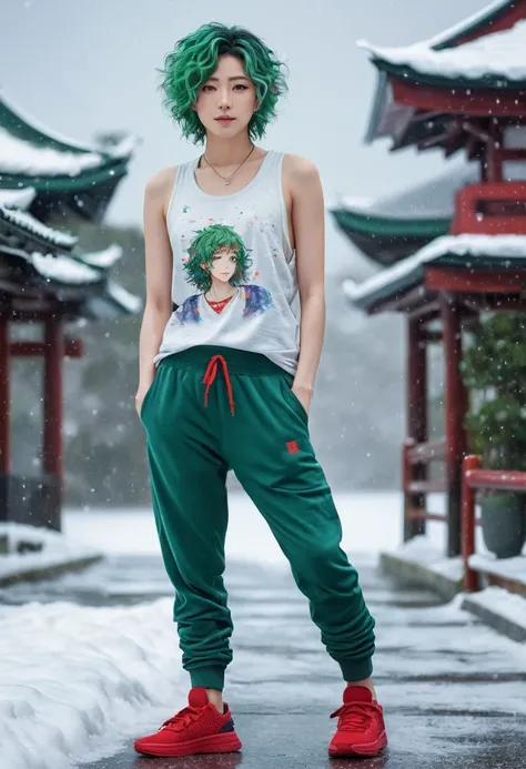 Androgynous Japanese male, with viridian green eyes, short curly viridian green hair, wearing a loose tank top, and joggers, in a red high top sneakers,(masterpiece:1.35),(best-quality:1.4),8k,ultra-detailed,photography,(ultra-realistic:1.4), adult girl, l...