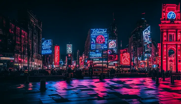 Brightly lit signs in nighttime Berlin 1936 with neon lights, Reich symbols and billboards with the Fuhrer, swastika, kolovrat, cyberpunk art inspired by Liam Wong, unsplash winner, digital art, germany, swastika, cyberpunk aesthetics, cyberpunk cityscape,...