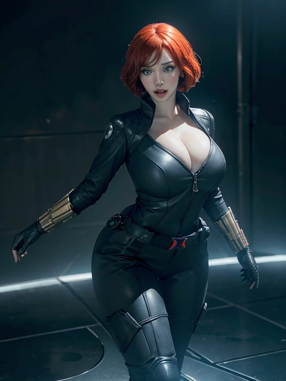 Create a dynamic 4K resolution full body portrait of Christina Hendricks as the character of Black Widow, the fierce Marvel superheroine. Visualize Christina Hendricks as Black Widow with her striking features: her short orange wavy hair. Her bright blue e...