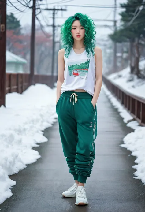 Androgynous Japanese male, with viridian green eyes, curly viridian green hair, wearing a loose tank top, and joggers, in a red high top sneakers,(masterpiece:1.35),(best-quality:1.4),8k,ultra-detailed,photography,(ultra-realistic:1.4), adult girl, long ha...