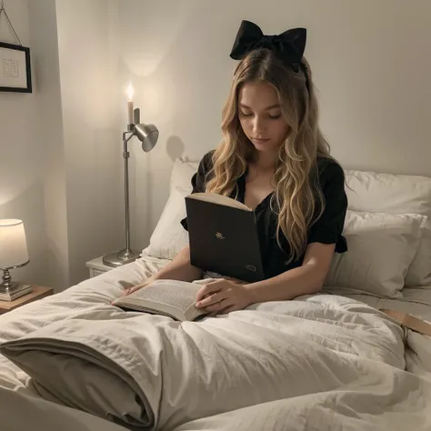 Cozy, intimate bedroom scene featuring a person with long, wavy blonde hair adorned with a large black bow, lying on a bed covered in white linens. The individual is wearing a black outfit and is engrossed in reading a book. The room is softly lit, with a ...