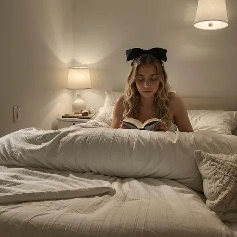 Cozy, intimate bedroom scene featuring a person with long, wavy blonde hair adorned with a large black bow, lying on a bed covered in white linens. The individual is wearing a black outfit and is engrossed in reading a book. The room is softly lit, with a ...