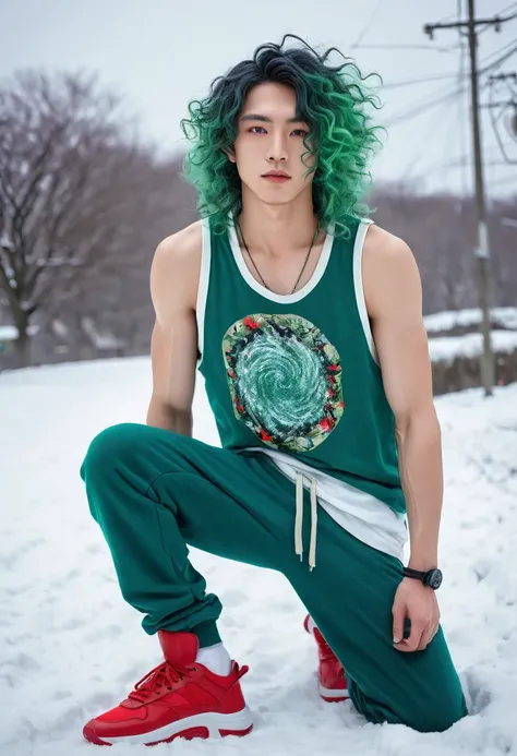  Japanese male model, with viridian green eyes, curly viridian green hair, wearing a loose tank top, and joggers, in a red high top sneakers,(masterpiece:1.35),(best-quality:1.4),8k,ultra-detailed,photography,(ultra-realistic:1.4), adult girl, long hair, s...