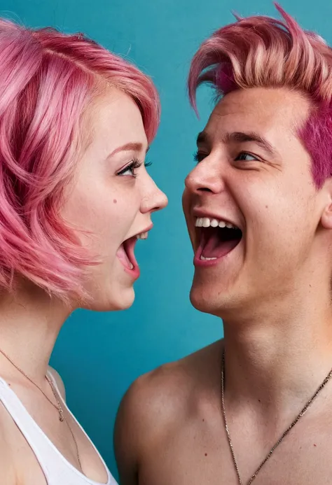 Perspective of a person looking directly at the girl above him. The girl is looking at him with excitement, the girl has pink hair and white skin, the girl has good breasts, she is sweaty and excited. 