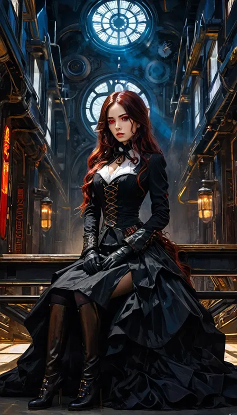 a woman dressed in anime style sitting under a futuristic building, 1 girl, dress, alone, hair, gloves, two stories, looking at viewer, red eyes, long hair, black gloves, long sleeves, long hair, steampunk、Short hair , very detailed  oil painting, chiarosc...