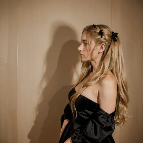 Portrait-style photograph featuring a woman with long, wavy blonde hair, styled with a large black velvet bow. She is turned slightly away from the camera, showing her profile. Her skin is fair, and she is wearing an off-the-shoulder dress with a black bod...