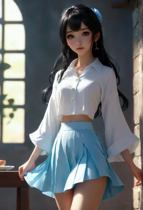 high quality, 4k, within, Close-up portrait of black-haired woman wearing white shirt and light blue skirt, photorealistic render of anime girl, 3D cute anime girl render, April performance, Anime VTuber Full Body Model, full body xianxia, live2d virtual y...