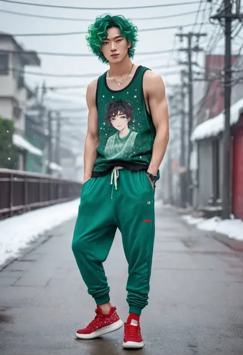  Japanese male model, with viridian green eyes, short curly viridian green hair, wearing a loose tank top, and joggers, in a red high top sneakers,(masterpiece:1.35),(best-quality:1.4),8k,ultra-detailed,photography,(ultra-realistic:1.4), adult girl, long h...