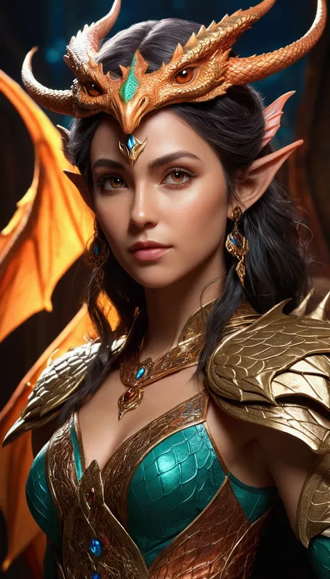 (best quality: 1.1), (masterpiece: 1.1), detailed, perfect anatomy, a closeup of a woman with gorgeous brown eyes face in a costume with a dragon on her shoulder, costume costume, cinematic goddess body shot, majestic full-body angel, elegant cinematic pos...