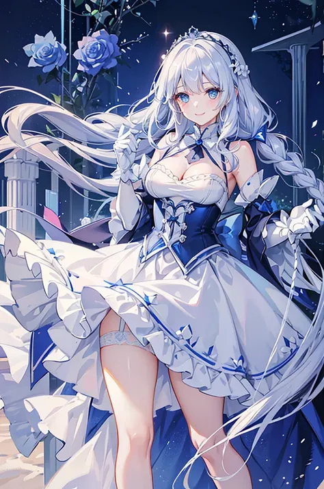 a woman with white hair and blue eyes、adult、long, fluffy wavy hair、braiding、wearing hair ornaments、smiling、princess、white gloves...