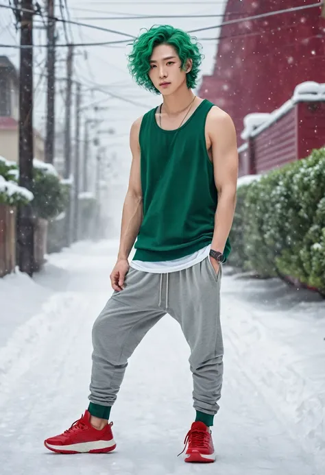  Japanese male model, with viridian green eyes, short curly viridian green hair, wearing a loose tank top, and joggers, in a red high top sneakers,(masterpiece:1.35),(best-quality:1.4),8k,ultra-detailed,photography,(ultra-realistic:1.4), adult girl, long h...