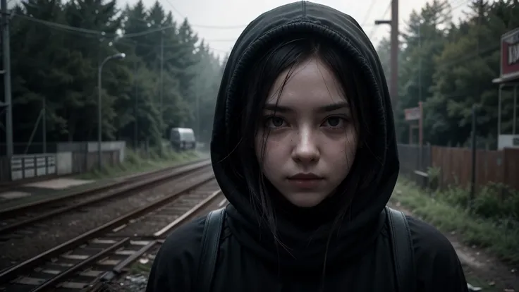 1 women in loose, lightweight black clothing, wearing a prominently visible balaclava, hanging by one hand from a track above a rusted roller coaster car, broken tracks and overgrown weeds, eerie atmosphere, sense of mystery and solitude, suspenseful mood,...