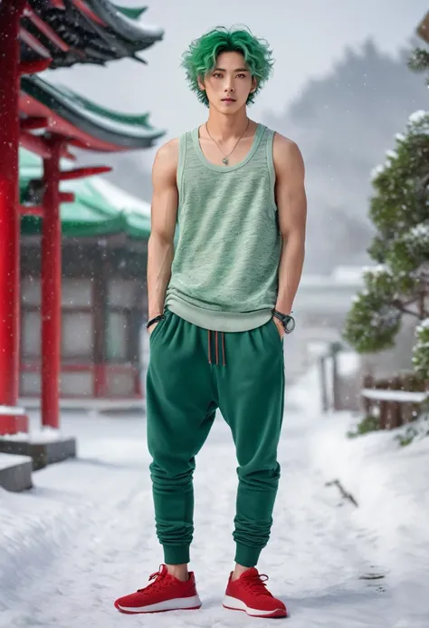  Japanese male model, with viridian green eyes, short curly viridian green hair, wearing a loose tank top, and joggers, in a red high top sneakers,(masterpiece:1.35),(best-quality:1.4),8k,ultra-detailed,photography,(ultra-realistic:1.4), adult girl, long h...