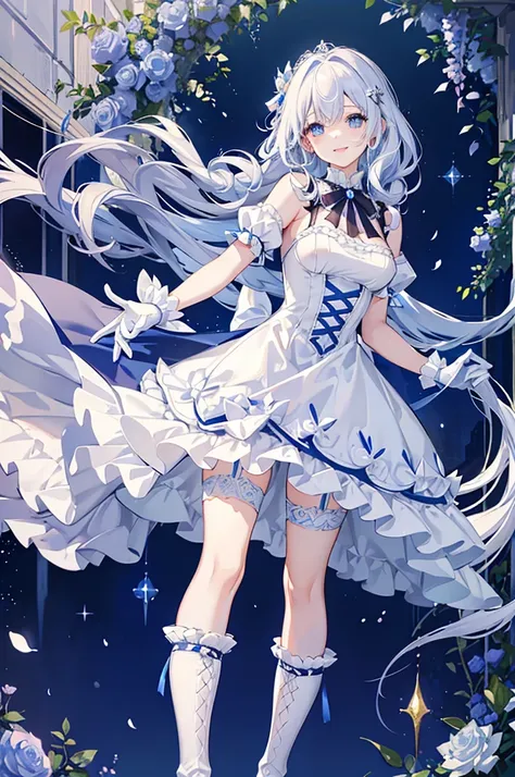 a woman with white hair and blue eyes、adult、long, fluffy wavy hair、braiding、wearing hair ornaments、smiling、princess、white gloves...