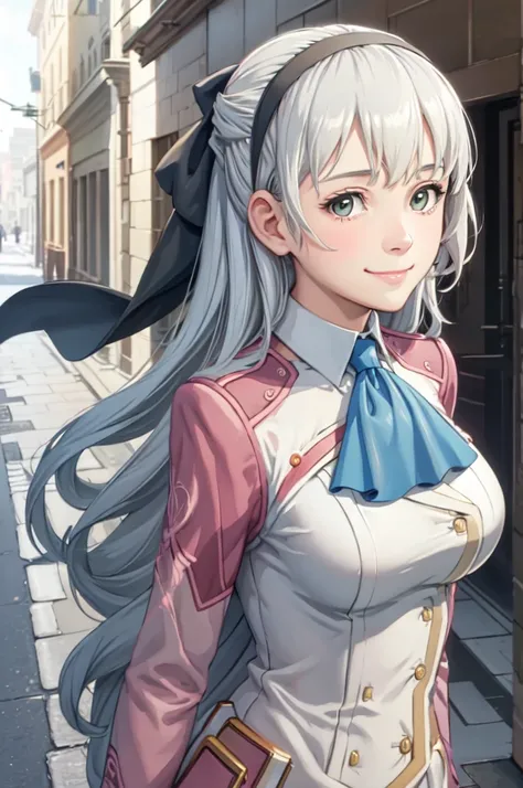 masterpiece, best quality, elie macdowell, hairband, hair ribbon, blue ascot, long sleeves, large breasts, upper body, portrait, looking at viewer, city street, smile, closed mouth, sky, clouds, own hands together 