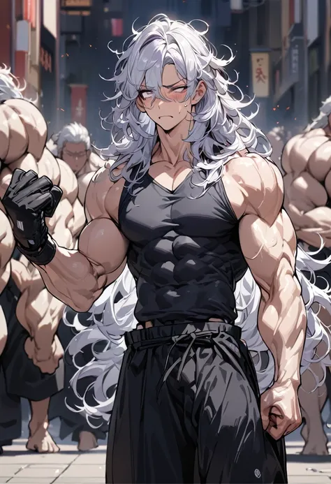 Highly detailed, High quality, Masterpiece, (long, long shot), 1 man, (white hair, purple left eye, white right eye, medium long hair, messy hair, tired face, with dark circles, glove on right hand, no sweater, Wide black karate pants, a lot of muscles, de...