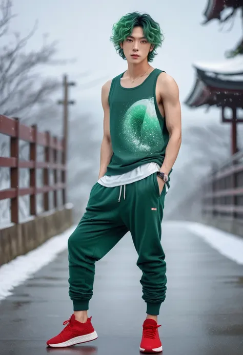  Japanese male model, with viridian green eyes, short curly viridian green hair, wearing a loose tank top, and joggers, in a red high top sneakers,(masterpiece:1.35),(best-quality:1.4),8k,ultra-detailed,photography,(ultra-realistic:1.4), adult girl, long h...