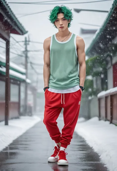  Japanese male model, with viridian green eyes, short curly viridian green hair, wearing a loose tank top, and joggers, in a red high top sneakers,(masterpiece:1.35),(best-quality:1.4),8k,ultra-detailed,photography,(ultra-realistic:1.4), adult girl, long h...