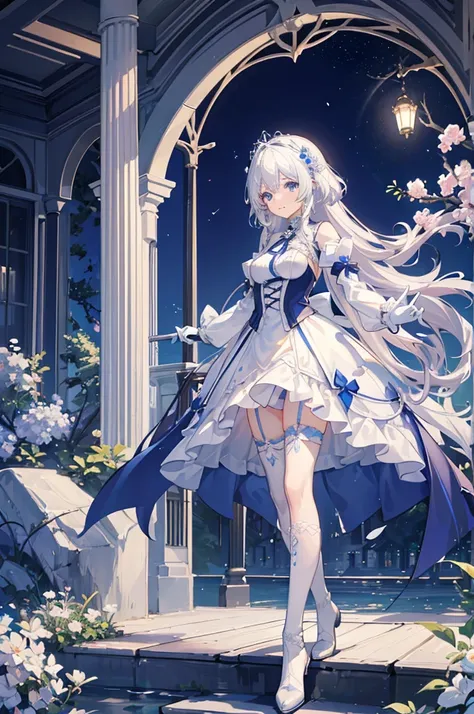 A woman with white hair and blue eyes、adult、Long, fluffy wavy hair、Braiding、Wearing hair ornaments、Smiling、Princess、Finger on mouth、White gloves、Blue-tinted dress、ribbon、Decorations such as roses and drops、race、The dress is short in the front and long in t...