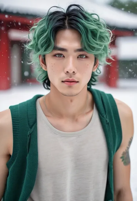  Japanese male model, cheek freckles, with viridian green eyes, short curly viridian green hair, wearing a loose tank top, and joggers, in a red high top sneakers,(masterpiece:1.35),(best-quality:1.4),8k,ultra-detailed,photography,(ultra-realistic:1.4), ad...