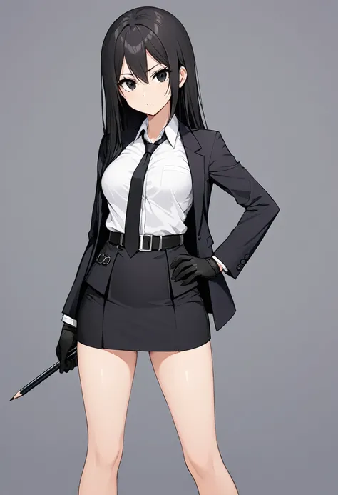 Black miniskirt ,shoes, dress shirt , pencil skirt , black long tie , assassin , whole body ,business attire , Black gloves , shorts blazer , bare legs , straight hair , black eyes , thighs , whole body , standing posture , face , Cute face , waist belt