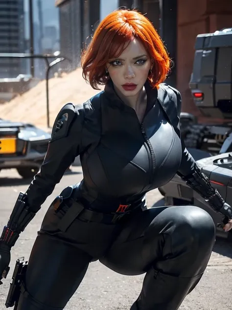 create a dynamic 4k resolution full body portrait of christina hendricks as the character of black widow, the fierce marvel supe...