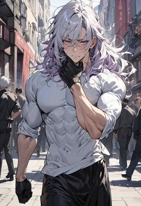 Highly detailed, High quality, Masterpiece, (long, long shot), 1 man, (white hair, purples eyes, medium long hair, messy hair, tired face, with dark circles, glove on right hand, no sweater, Wide black karate pants, a lot of muscles, detailed. background, ...