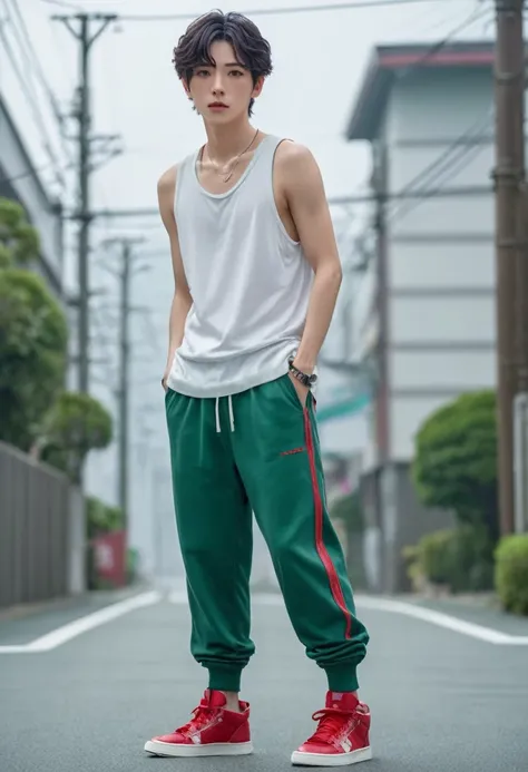  Japanese male model, face freckles, with viridian green eyes, short curly viridian green hair, wearing a loose tank top, and joggers, in a red high top sneakers,(masterpiece:1.35),(best-quality:1.4),8k,ultra-detailed,photography,(ultra-realistic:1.4), adu...