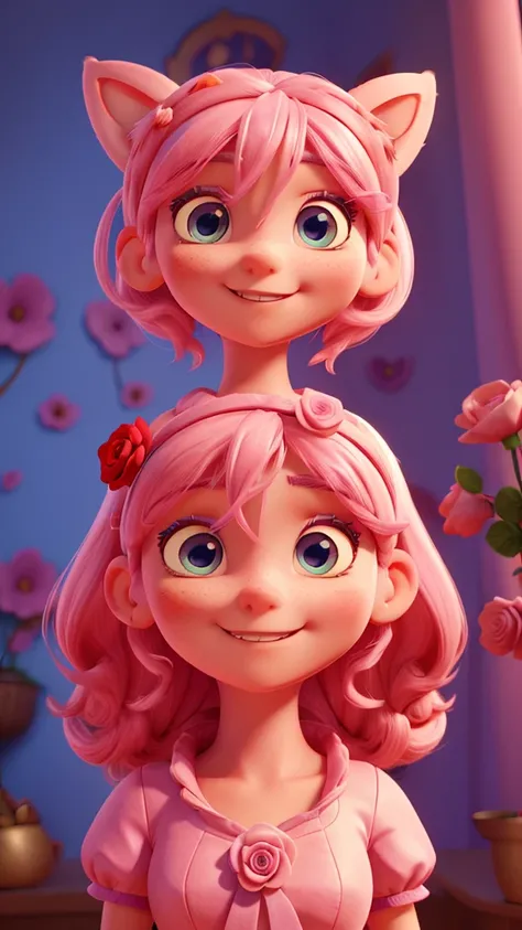 poppy queen, pink eyes, pointy ears, pink hair, Horse tail, headband with roses, smiling, looking at the viewer, Alone, standing, Blue dress,(incredibly detailed face, humanoid body, beautiful face, beautiful and very detailed eyes).